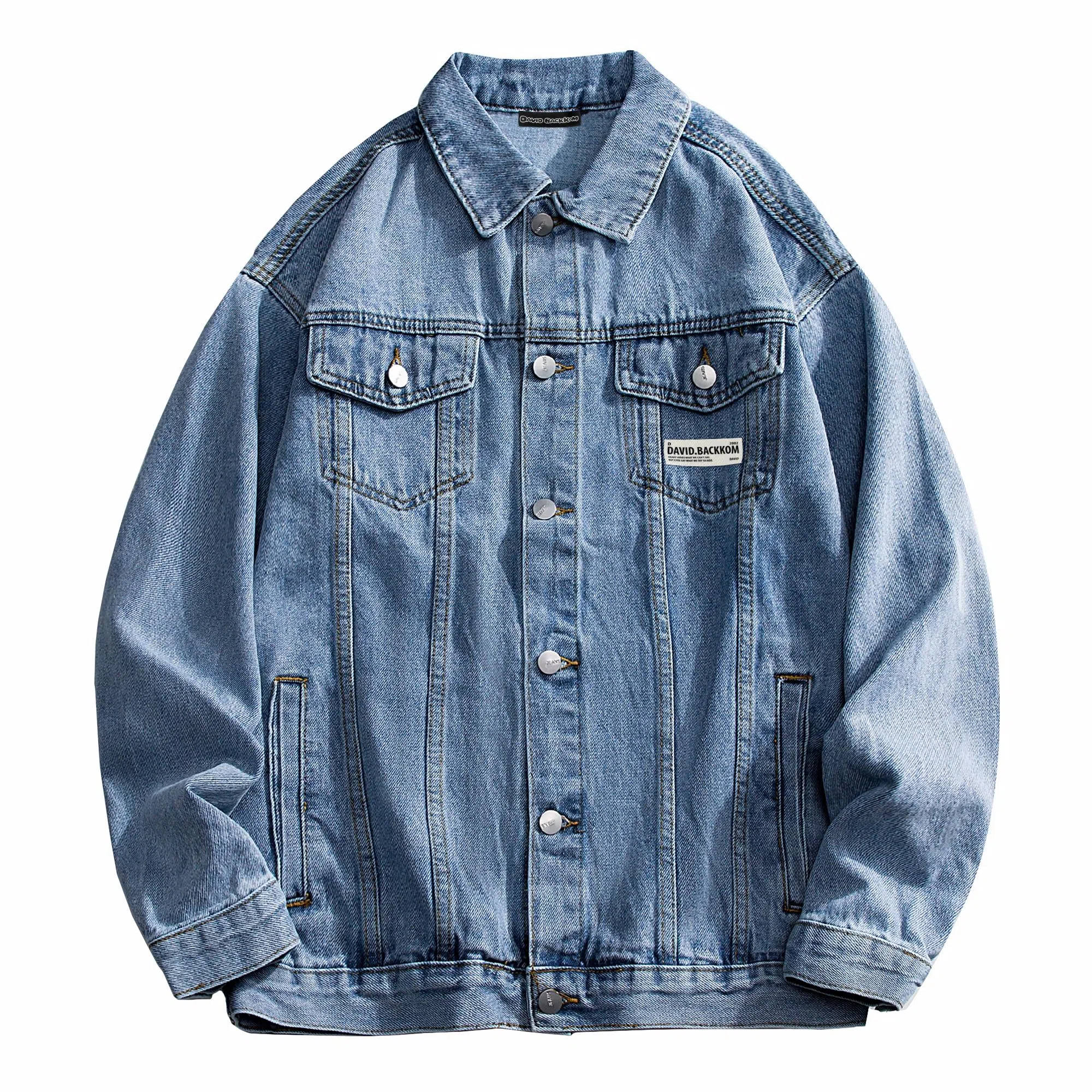 大卫贝肯 美式复古学院风简约基础款日常通勤百搭宽松舒适长袖翻领牛仔外套 男女同款