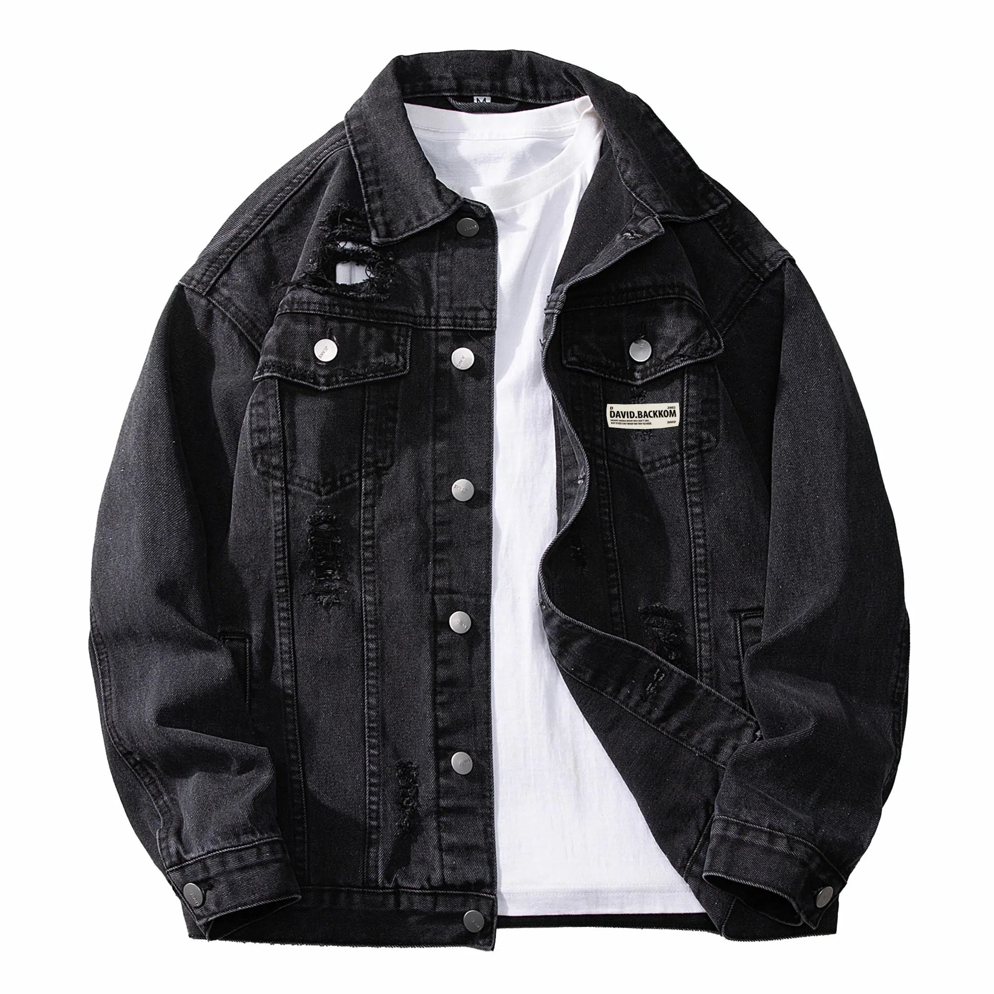 大卫贝肯 美式复古纯色基础款春秋季宽松百搭长袖翻领破洞牛仔外套 男女同款