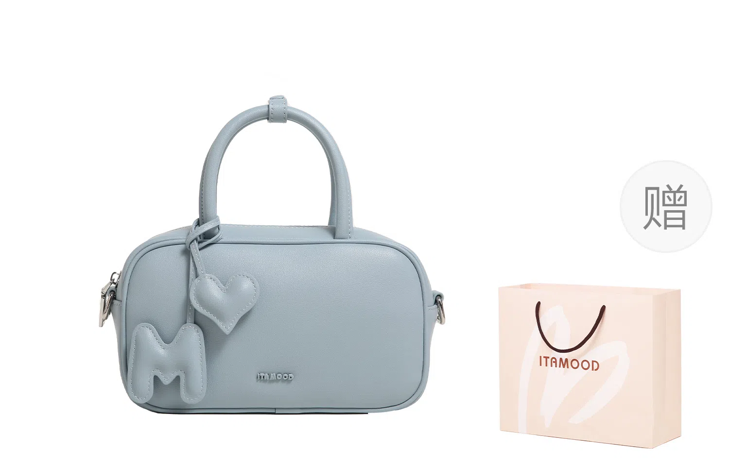 妙迪 时尚潮流 牛皮 保龄球包手提包 女款 奶油白/雾霾蓝