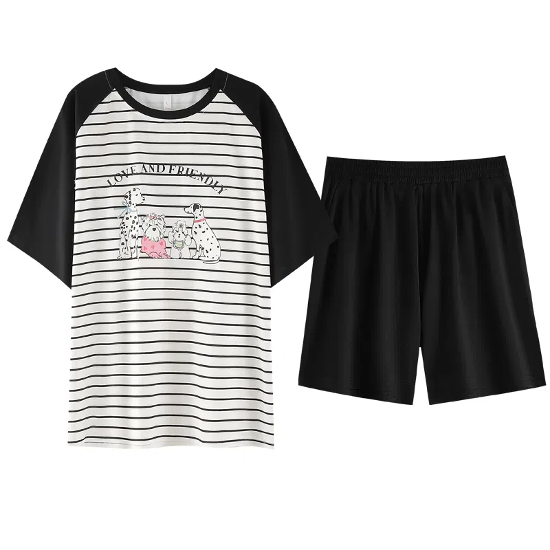 夏芬妍 柔软舒适透气亲肤条纹萌狗圆领家居服休闲凉感短袖时尚可外穿睡衣套装 女款 黑色