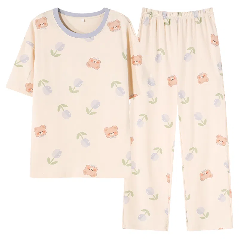 莫代尔 纯棉宽松百搭舒适圆领套头时尚轻柔亲肤透气不易起球短袖长裤可外穿夏季睡衣套装 女款 粉红色