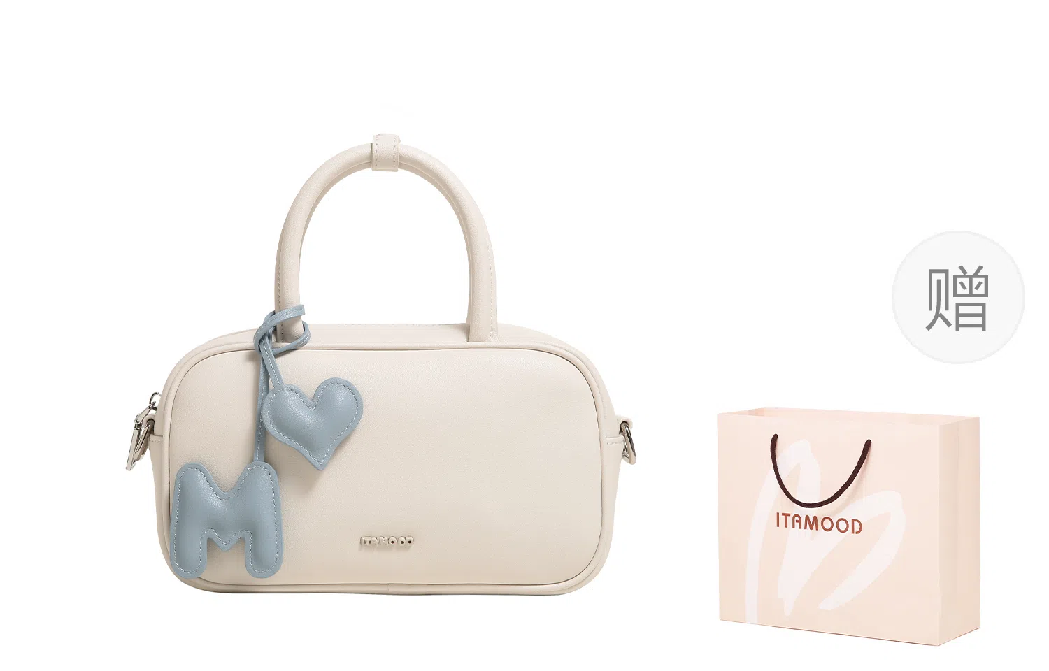 妙迪 时尚潮流 牛皮 保龄球包手提包 女款 奶油白/雾霾蓝