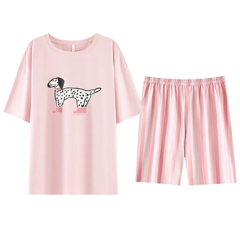 夏芬妍 柔软舒适透气亲肤条纹萌狗圆领家居服休闲凉感短袖时尚可外穿睡衣套装 女款 粉色