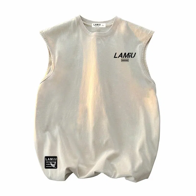 兰缪 无袖纯色简约宽松直筒百搭圆领休闲字母透气圆领无袖背心 男女同款