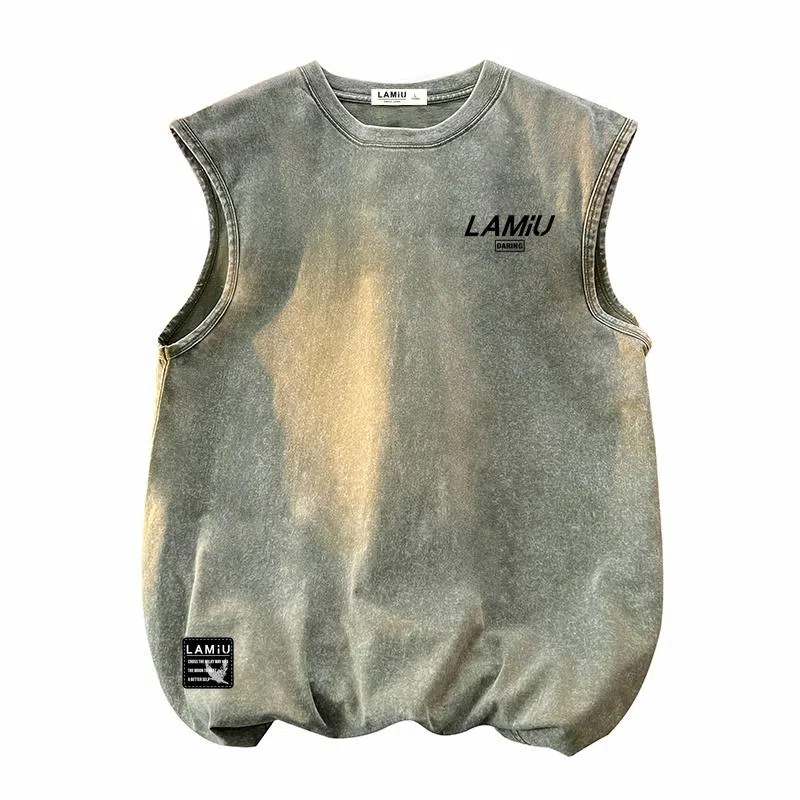 兰缪 无袖纯色简约宽松直筒百搭圆领休闲字母透气圆领无袖背心 男女同款