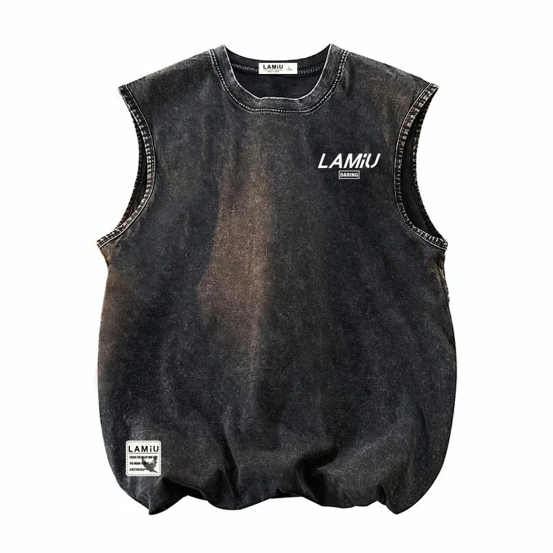 兰缪 无袖纯色简约宽松直筒百搭圆领休闲字母透气圆领无袖背心 男女同款