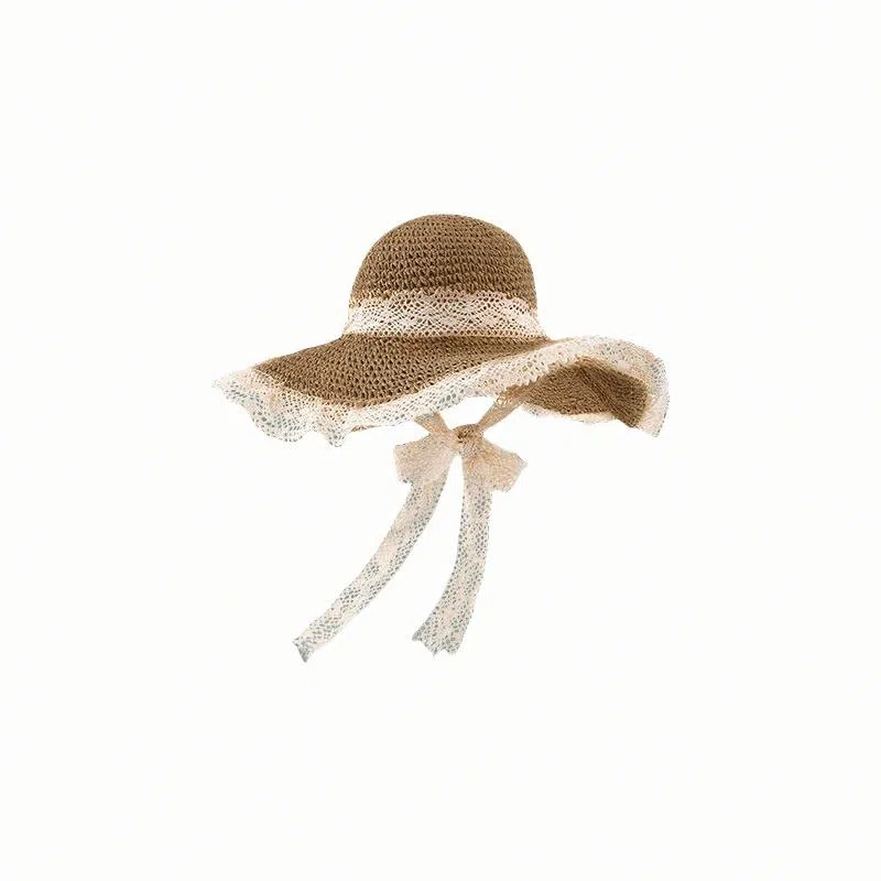北极绒 碎花森系镂空蕾丝边草帽 小清新出游遮阳防晒 拉菲草 渔夫帽 女款