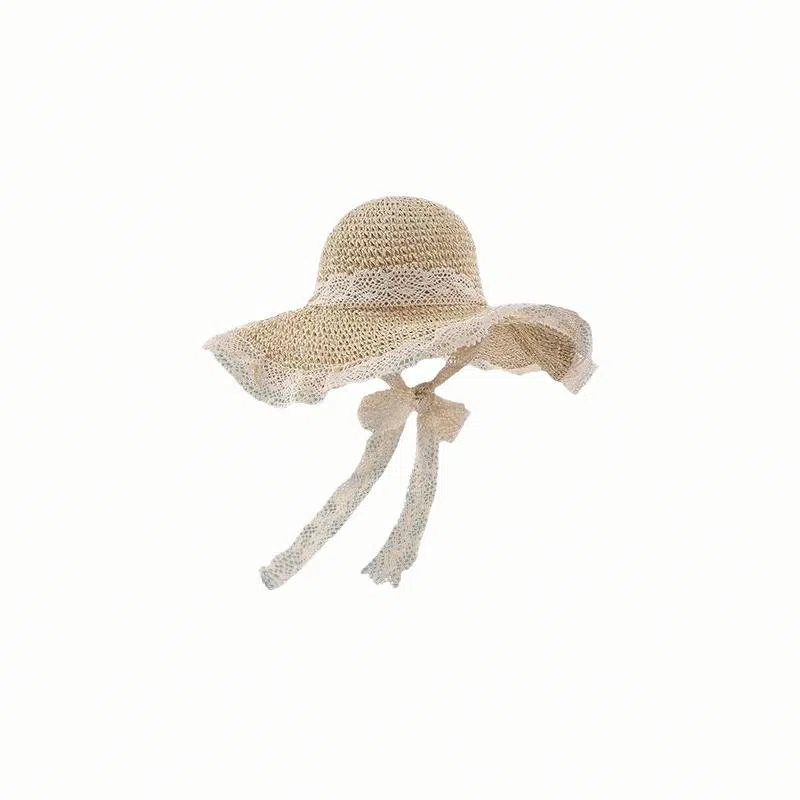 北极绒 碎花森系镂空蕾丝边草帽 小清新出游遮阳防晒 拉菲草 渔夫帽 女款