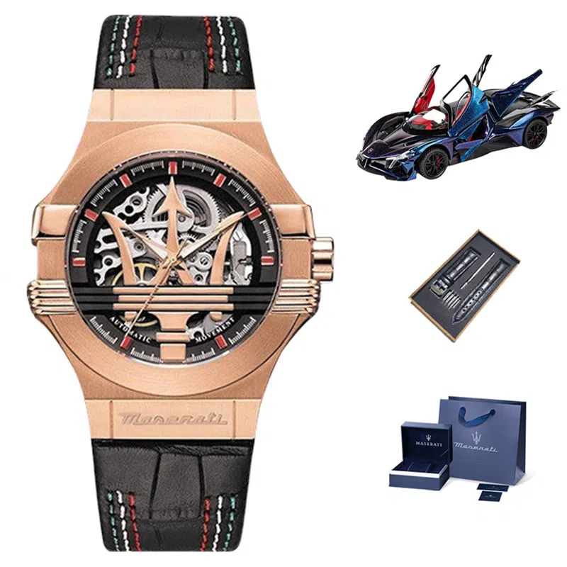 玛莎拉蒂三叉戟机械表玫瑰金潮流手表男士机械手表腕表陀飞轮欧美定制轻奢首饰礼盒装金色表盘石英机芯