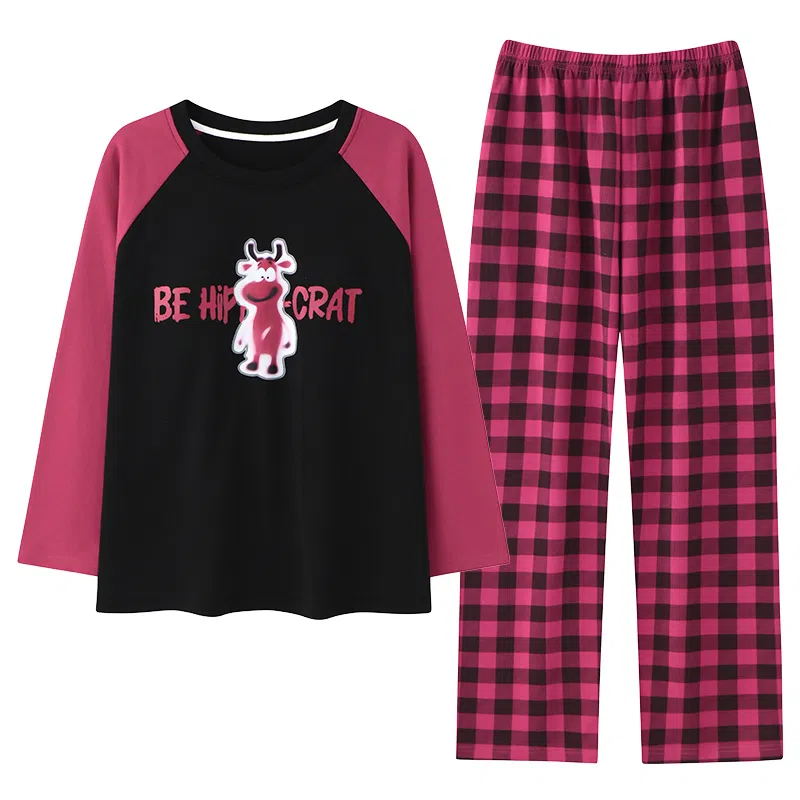 莫代尔 亲肤透气柔软圆领套头舒适宽松百搭带胸垫长袖春秋季睡衣套装 女款 紫红色