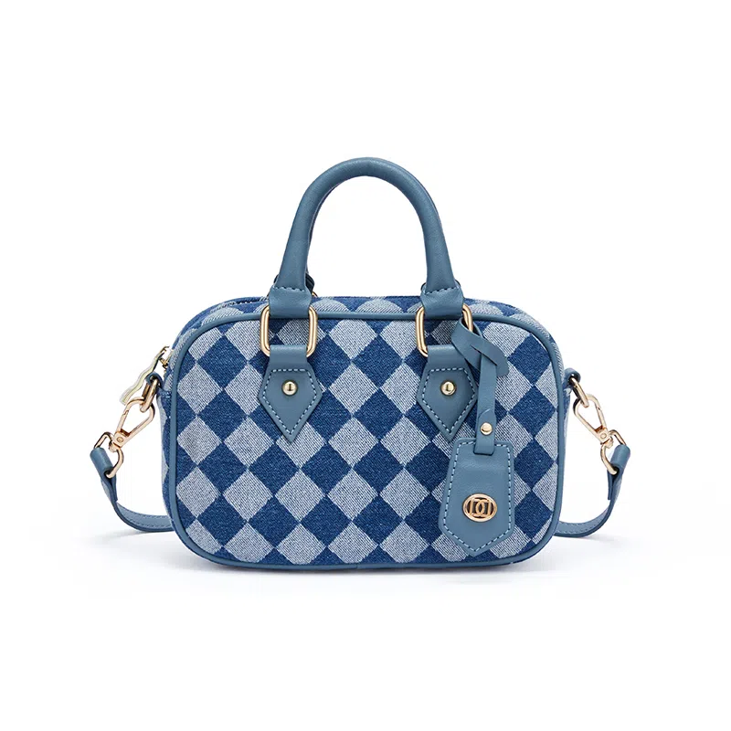 红蜻蜓 复古棋盘格 织物合成革 单肩包手提包 男女同款情侣款 牛仔蓝