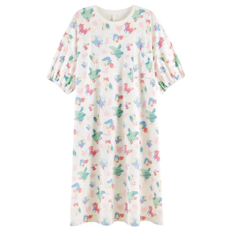 夏芬妍 柔软舒适透气亲肤萌宠油画圆领睡衣家居服休闲宽松凉感短袖时尚可外穿睡裙 女款 杏色