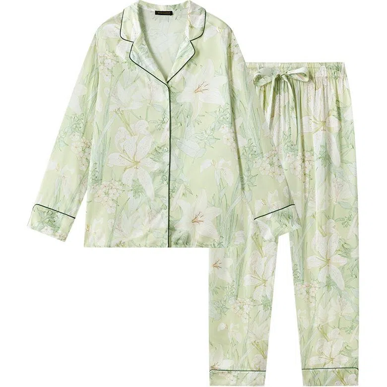 舒雅 植物翻领清新上衣舒适透气长裤睡衣套装 女款 浅绿