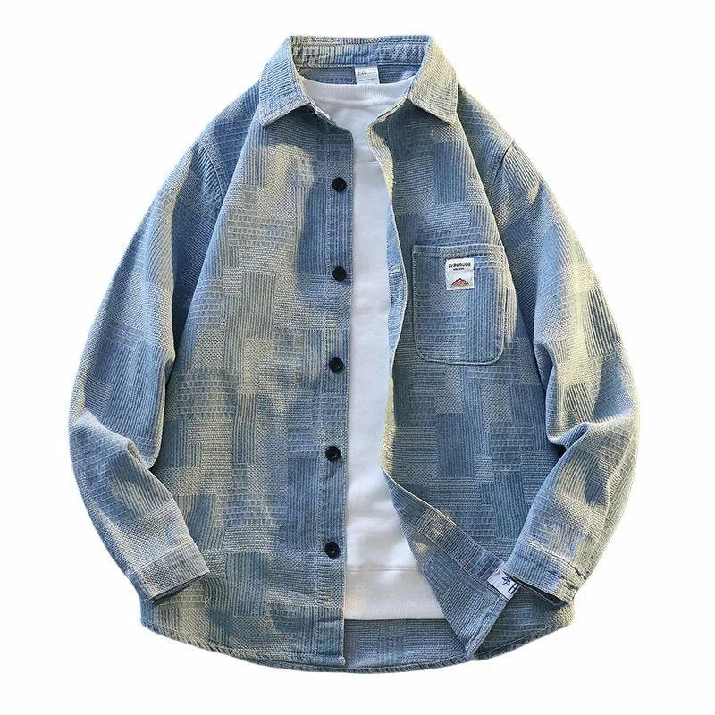 【dme】 美式复古高街棋盘格子重叠深浅交叉潮流宽松休闲通勤百搭水洗单排扣牛仔外套 男女同款