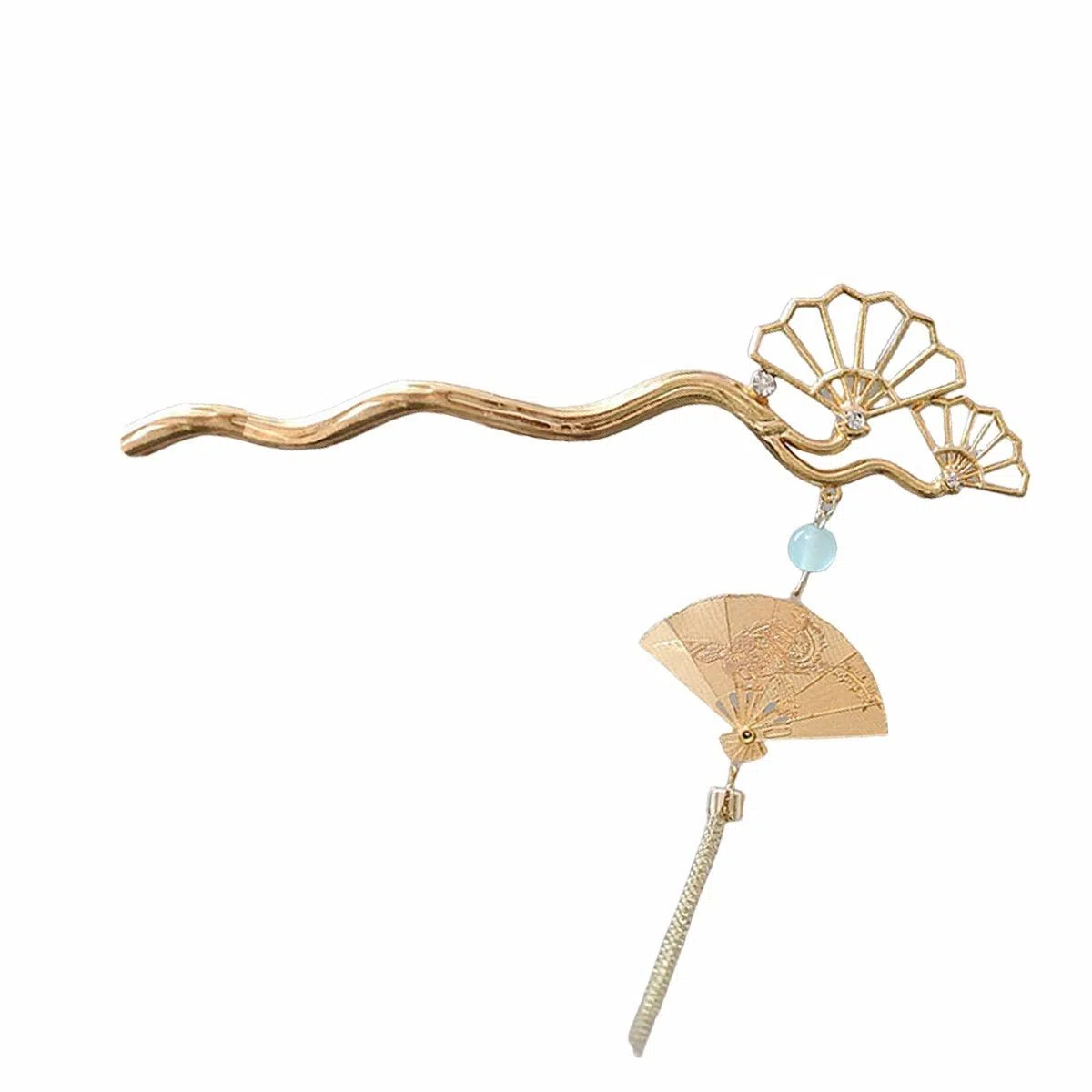 贯古今 可折叠扇子流苏小众设计步摇旗袍汉服盘发头饰发钗 合金 发簪 女款