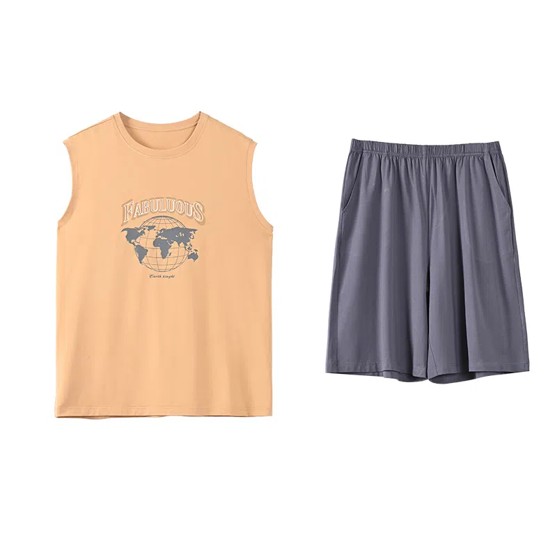 莫代尔 可外穿经典休闲简约亲肤时尚柔软圆领居家服睡衣套装 男款 橙色