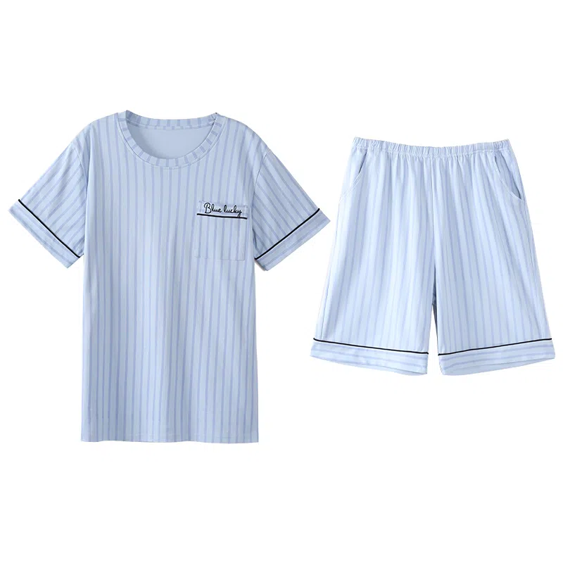 莫代尔 韩版显瘦亲肤轻盈时尚细腻舒适简约透气休闲带胸垫情侣款可外穿短袖短裤睡衣套装 男女同款