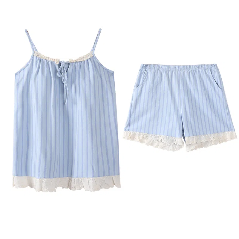 莫代尔 韩版显瘦亲肤轻盈时尚细腻舒适简约透气休闲带胸垫情侣款可外穿短袖短裤睡衣套装 男女同款