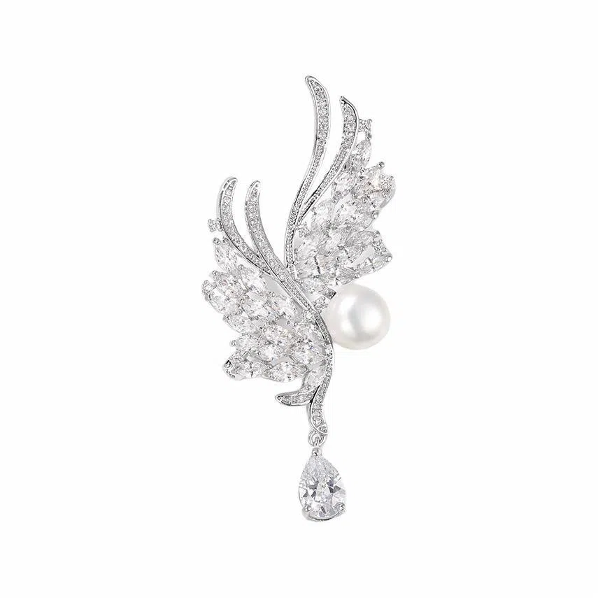 山一丸 气质羽毛西服配饰珍珠 铜 胸针 男女同款情侣款