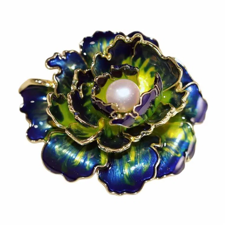 山一丸 复古多层立体牡丹花淡水珍珠 铜 胸针 女款