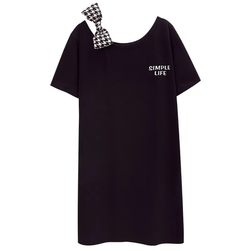 莫代尔 舒适轻柔细腻圆领百搭亲肤透气短袖睡裙 女款 黑色