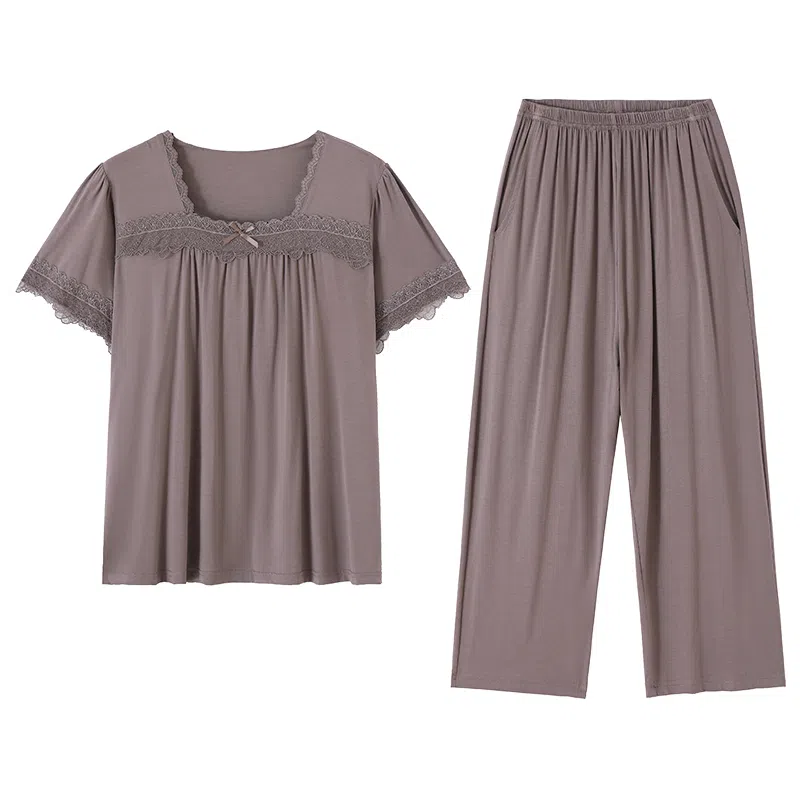 莫代尔 舒适细腻柔软亲肤大方气质优雅短袖长裤家居服可外穿睡衣套装 女款 玫瑰棕色