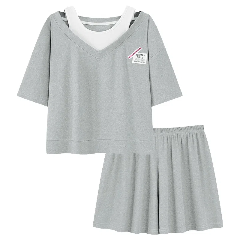 夏芬妍 柔软舒适甜美纯色假两件冰丝螺纹家居服亲肤休闲带胸垫短袖短裤时尚可外穿睡衣套装 女款 灰色