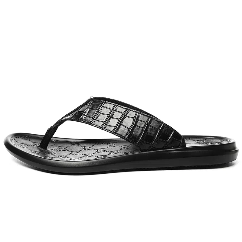 依米奴 高颜值 户外家居 真皮年轻 舒适柔软耐折 时尚潮流 雅痞帅气 真皮质感 百搭 不累脚 黑武士 橡胶底 绣花 防磨人字拖鞋 男款 黑色