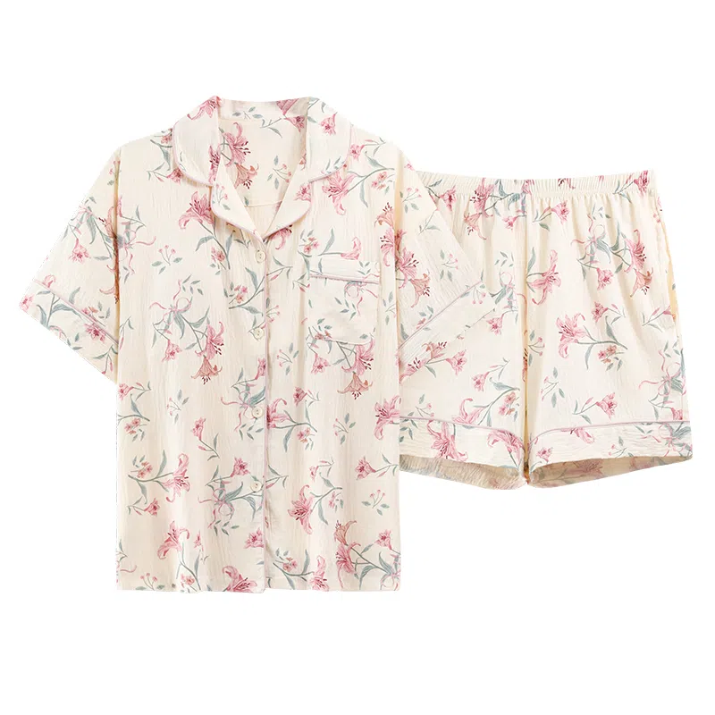 莫代尔 气质休闲百搭翻领开衫舒适亲肤透气柔软带胸垫防凸点家居服可外穿睡衣套装 女款 杏色