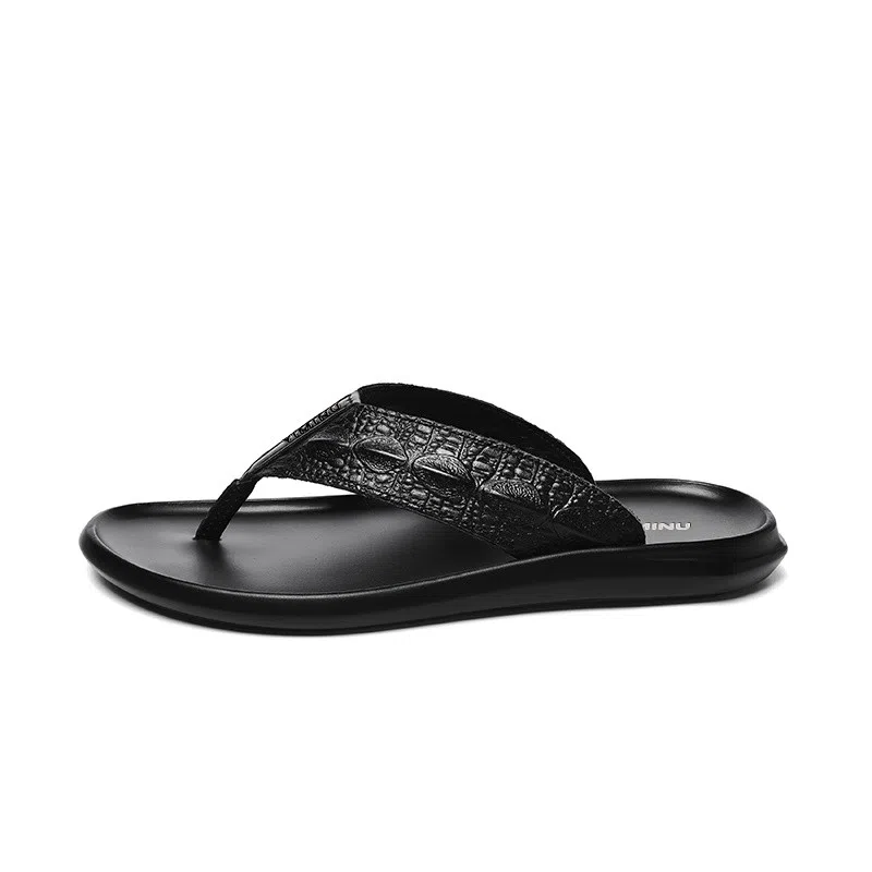 依米奴 高颜值 天花板 推荐 真皮年轻 时尚潮流 舒适柔软耐折 雅痞帅气 户外家居  橡胶底 图腾车缝线皮革拼接 防滑人字拖鞋 男款 黑色