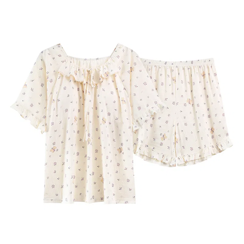 莫代尔 休闲舒适小清新亲肤碎花短袖三分裤睡衣套装 女款 白色