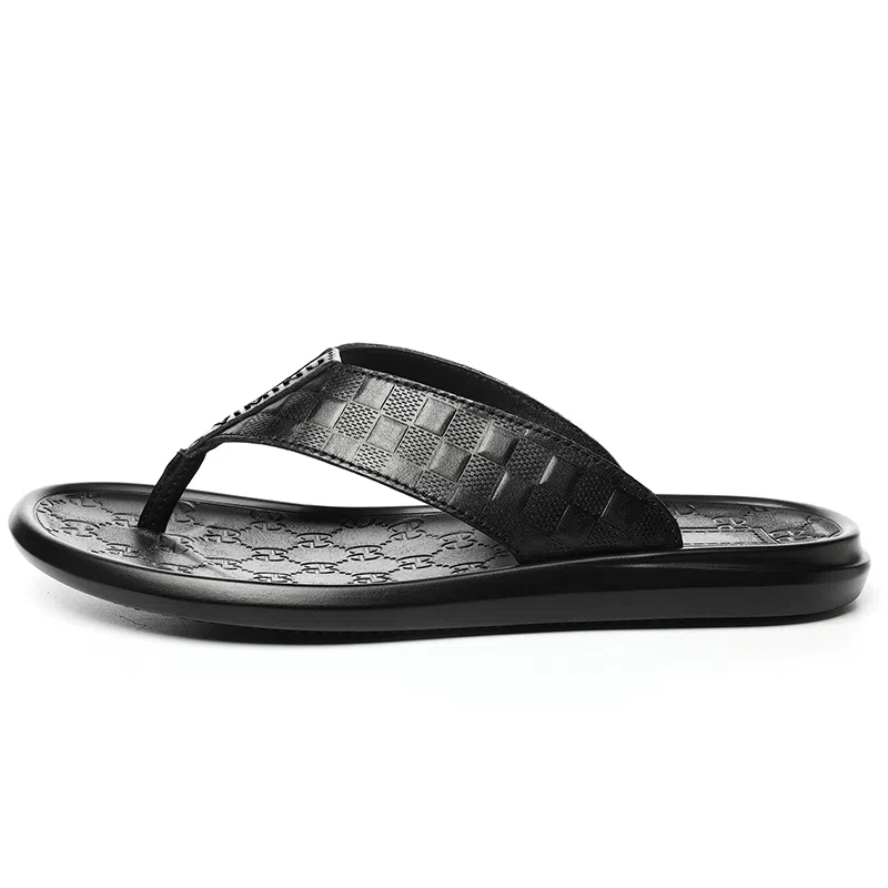 依米奴 高颜值 户外家居 简约时尚 年轻 百搭潮流 柔软细腻 轻便软弹  雅痞帅气 真皮质感 不累脚 橡胶底 车缝线 防滑人字拖鞋 男款 黑色