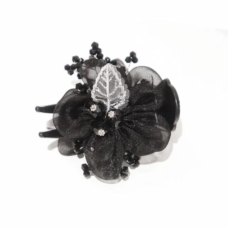 沂茹 文艺森系简约优雅气质甜美黑色花朵串珠雪纺盘发时尚日常百搭温柔甜美温柔 布艺 发夹 女款