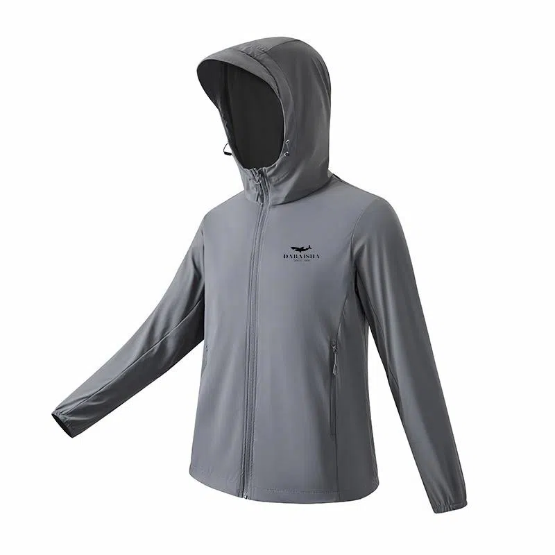 大白鲨 厂家直销冰丝衣男女同款弹力透气防紫外线皮肤衣户外骑行服钓鱼服帽檐连帽防晒服 男款