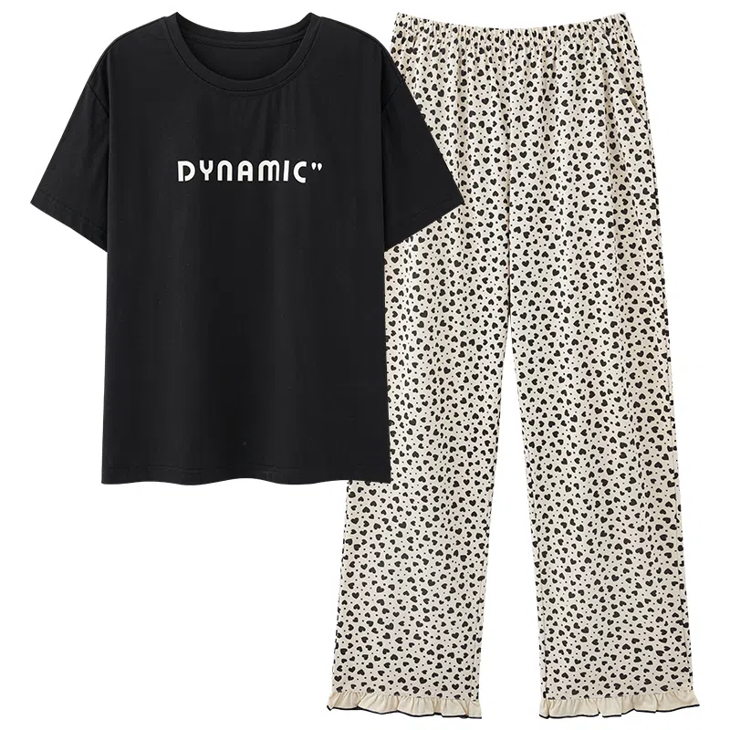 莫代尔 时尚宽松百搭圆领套头轻盈透气休闲不易起球短袖长裤可外穿夏季睡衣套装 女款 黑色