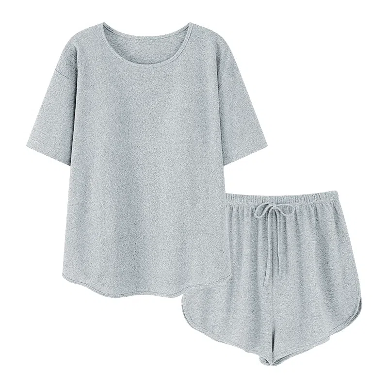 夏芬妍 柔软舒适慵懒风纯色圆领家居服亲肤休闲带胸垫短袖短裤时尚可外穿睡衣套装 女款 浅灰色