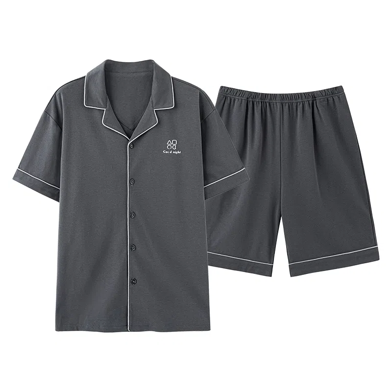 夏芬妍 简约舒适柔软高级感纯色纯棉翻领开衫家居服亲肤休闲短袖短裤时尚可外穿睡衣套装 男款 深灰色