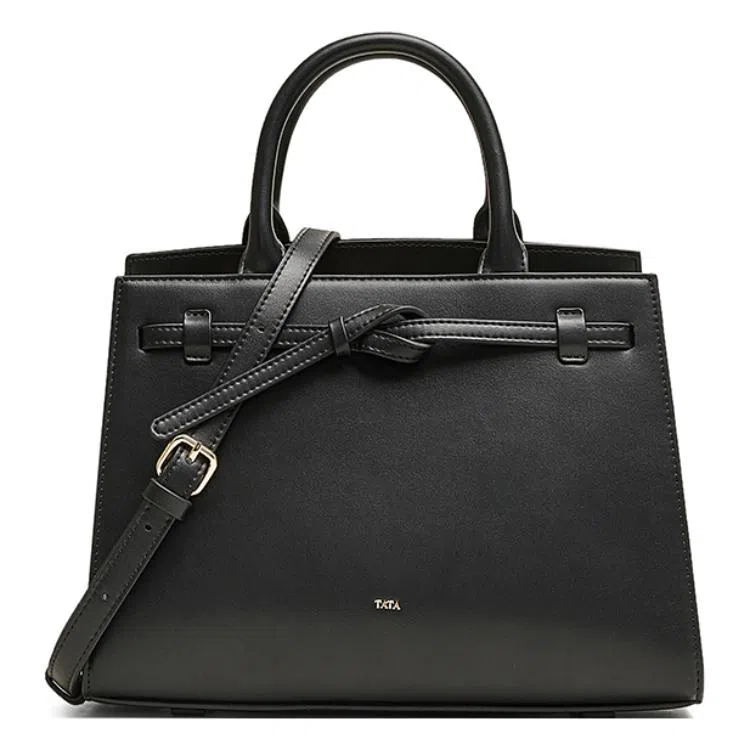 他她 同款质感简约 人造革 手提包 中号 女款 黑色/杏色