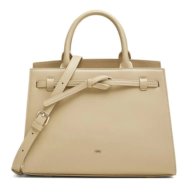 他她 同款质感简约 人造革 手提包 中号 女款 黑色/杏色