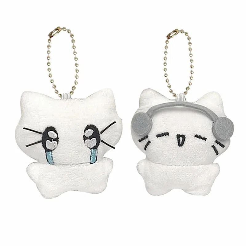 千桐 可爱哭泣小猫 白色耳机小猫 卡通治愈 手机绳挂饰汽车钥匙扣 行李箱 卡通玩偶 毛绒 挂件 男女同款情侣款