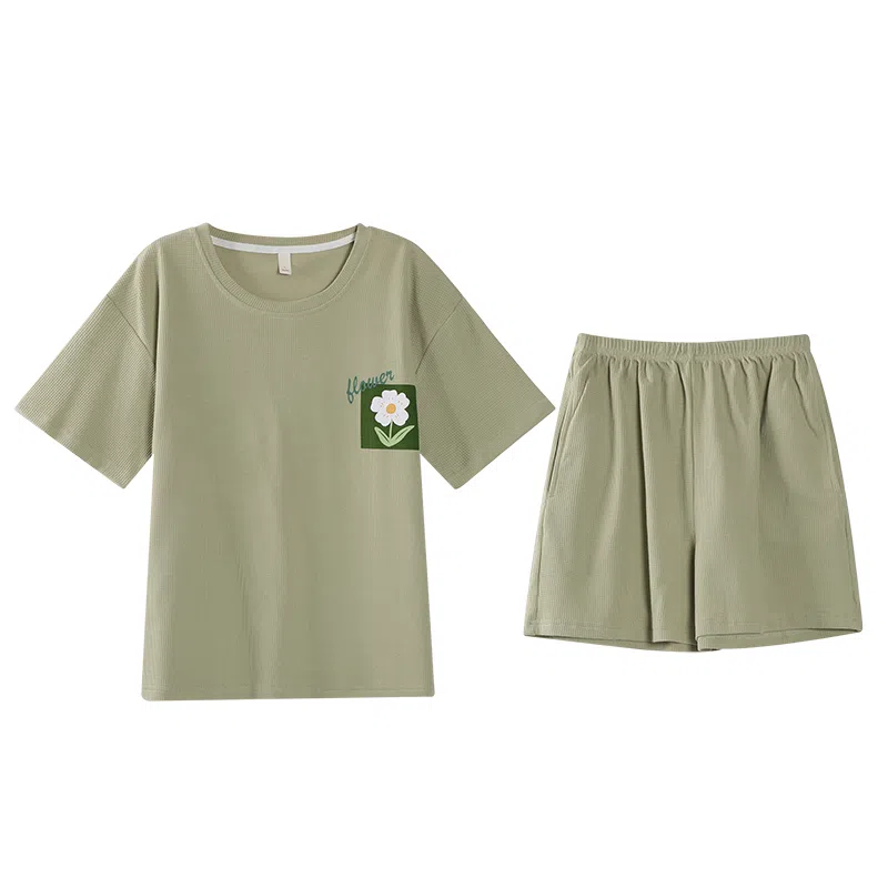 莫代尔 可外穿休闲时尚亲肤微弹圆领短袖春夏季睡衣套装 女款 绿色