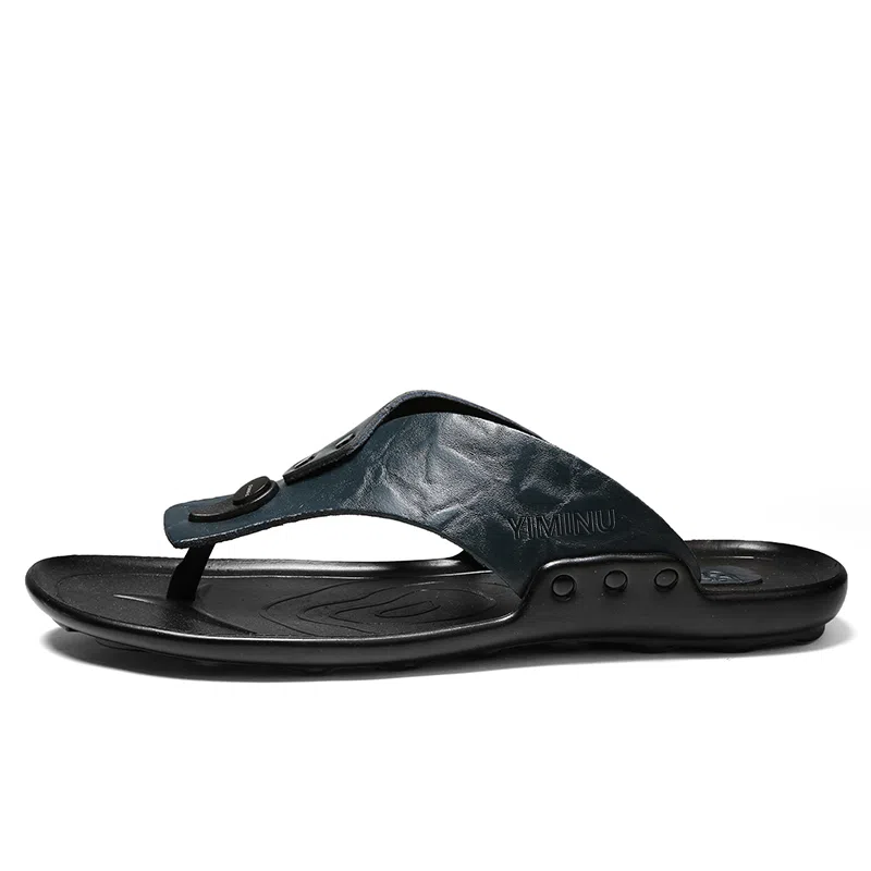 依米奴 简约大气 轻盈舒适 耐磨 人体工学 轻松自如 简洁大方 经典简约 个性潮流 缓震舒适 露趾设计 吸汗干爽  皮革拼接人字拖鞋 男款