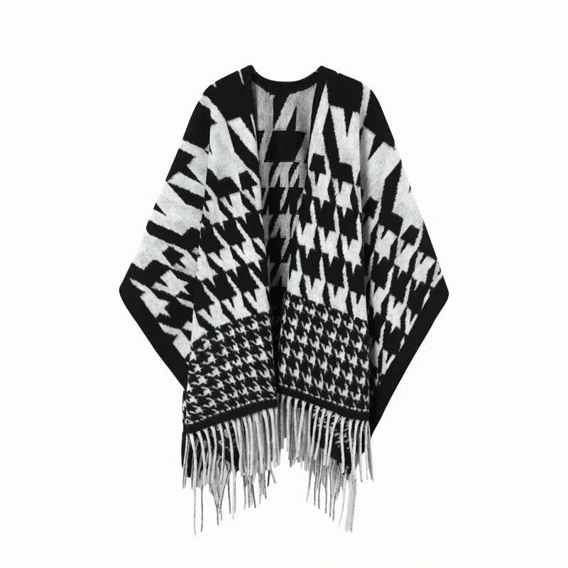 北极绒 时尚千鸟格流苏百搭高级感洋气保暖外搭暖糯亲肤 聚酯纤维 披肩 男女同款情侣款
