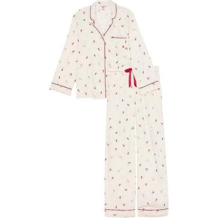 Victoria's Secret Flannel Long Pajama Set COCONUT WHITE SKIERS