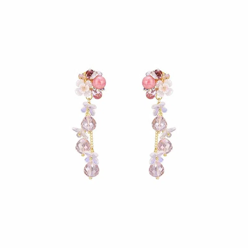 芒果饰品 多巴胺彩色水晶花朵流苏 铜 锆石 耳环 女款