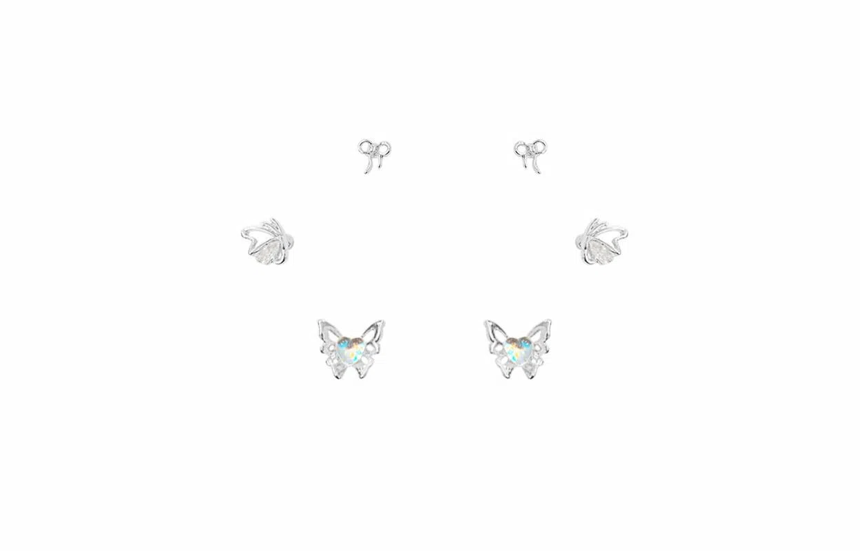 牧言 蝴蝶结蝶梦套装 森系气质简约小众设计高级感 光面立体镂空丝带极光幻彩爱心蝶舞在逃公主三件套耳饰 合金 耳钉 女款