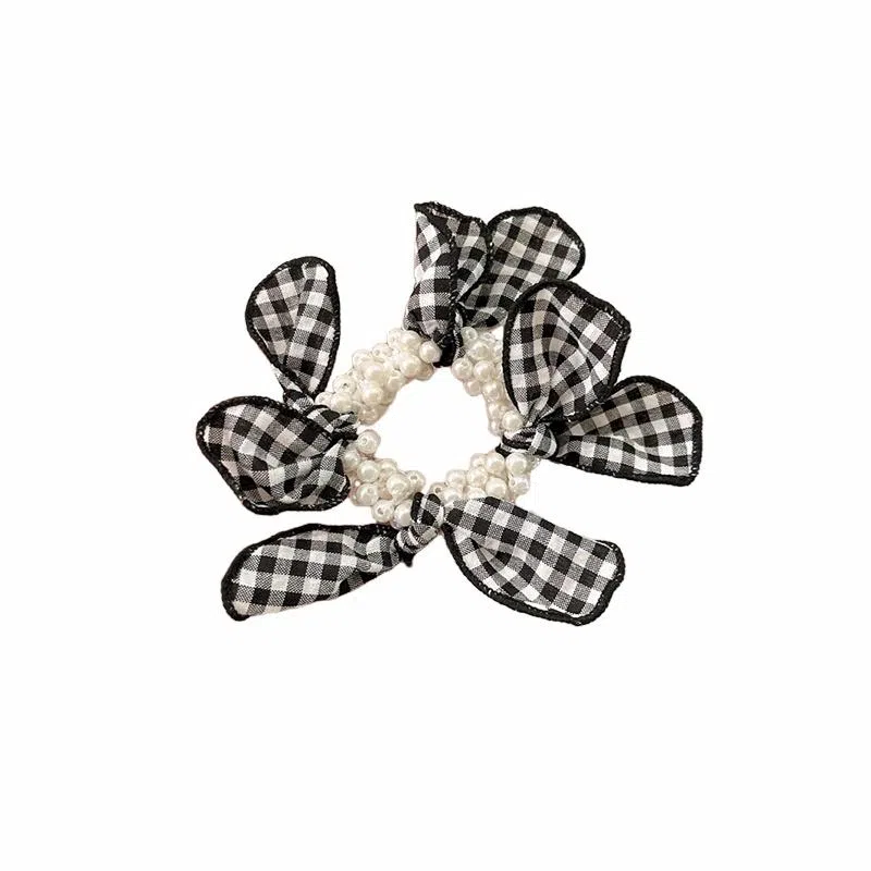 水中玉 黑白格蝴蝶结珍珠发圈气质扎头皮筋发绳发饰 布艺 头绳 女款