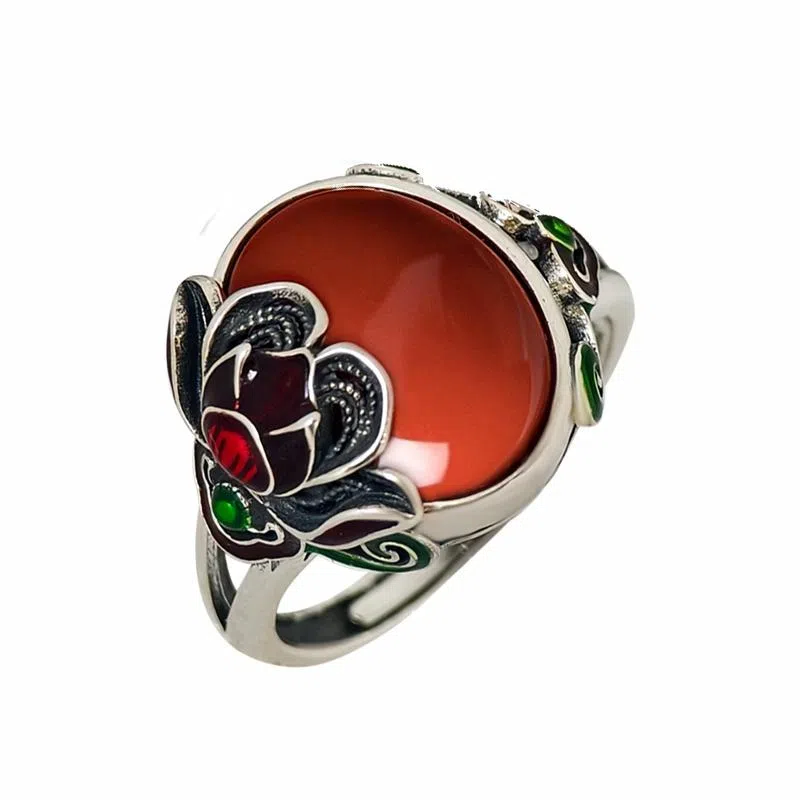 小银匠 玫瑰花国风新中式复古民族风个性开口戒 玛瑙 戒指 男女同款情侣款