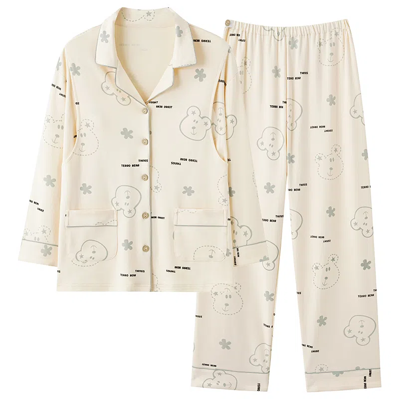 欧迪芬 带胸垫翻领可爱舒适简约长袖上衣休闲家居服长裤睡衣套装 女款 杏色