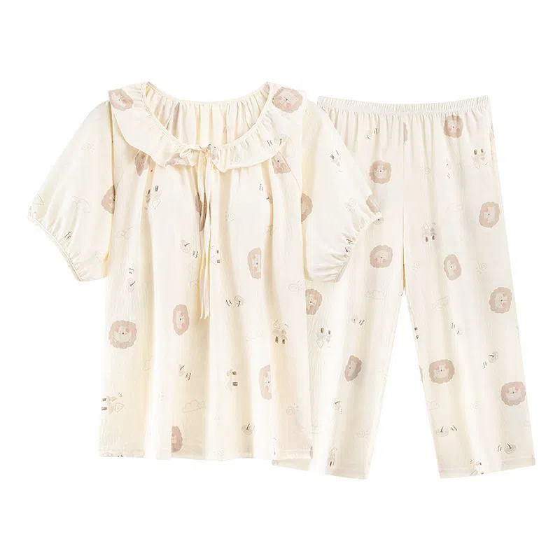 细舍 卡通提花圆领带胸垫上衣舒适透气七分裤睡衣套装 女款 浅卡其